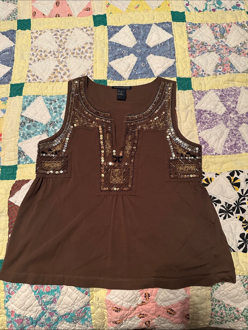 Boston Proper Brown Embellished Sleeveless Tank
